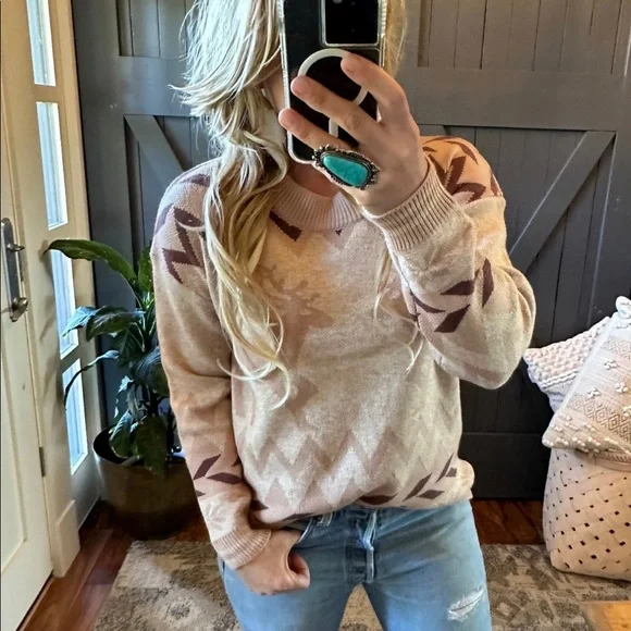 Christmas Holiday Reindeer Pullover Crew Neck Cotton Sweater Deer Western Boho - Picture 1 of 7